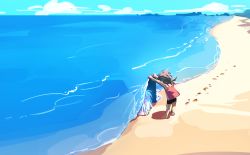 Rule 34 | 1girl, beach, blue sky, cloud, day, footprints, long hair, ocean, original, outdoors, sand, shore, shorts, sky, tank top, ushi (newrein), water