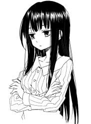 Rule 34 | 1girl, :/, ama-tou, annoyed, buttons, collar, collarbone, collared shirt, cropped torso, crossed arms, eyebrows, eyelashes, fingernails, greyscale, jitome, long hair, long sleeves, looking away, looking down, looking to the side, monochrome, original, shirt, simple background, sleeve cuffs, solo, straight hair, striped clothes, striped shirt, tsurime, upper body, vertical-striped clothes, vertical-striped shirt, very long hair, white background, wing collar