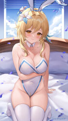 Rule 34 | 1girl, arm under breasts, bed, window blinds, blonde hair, blue sky, blush, breasts, cleavage, closed mouth, cloud, collarbone, commentary, covered navel, detached collar, falling petals, feather hair ornament, feathers, flower, genshin impact, hair flower, hair ornament, hand up, highleg, highleg leotard, highres, indoors, ingurei397, kneeling, large breasts, leotard, lumine (genshin impact), on bed, petals, playboy bunny, sidelocks, sitting, skindentation, sky, solo, thighhighs, thighs, white leotard, white thighhighs, window, yellow eyes