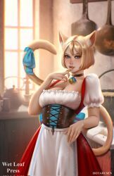 Rule 34 | 1girl, animal ears, artist name, bell, black choker, blonde hair, blue eyes, bow, breasts, cat ears, cat tail, choker, cleavage, corset, highres, hotaru sen, kitchen, large breasts, looking at viewer, neck bell, original, puffy short sleeves, puffy sleeves, scoop neck, short hair, short sleeves, solo, tail, tail bow, tail ornament