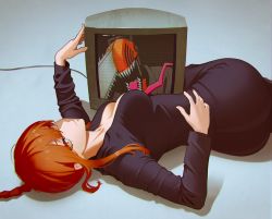 Rule 34 | 1girl, ass, black pants, black suit, braid, braided ponytail, breasts, chainsaw, chainsaw man, crt, denji (chainsaw man), formal, highres, lem, long hair, looking at viewer, lying, makima (chainsaw man), medium breasts, monster boy, no bra, on side, pants, red hair, ringed eyes, suit, television, yellow eyes