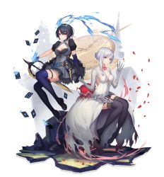 Rule 34 | 2girls, absurdres, ace (playing card), ace of clubs, alice (sinoalice), black dress, black footwear, black gloves, black hair, black legwear, blue fire, boots, breasts, card, cleavage, closed mouth, club (shape), commentary request, diamond (shape), dress, dress flower, fire, flower, full body, gloves, grey dress, heart, high heels, highres, holding, holding weapon, l.kili, large breasts, long hair, looking at viewer, medium breasts, multiple girls, petals, playing card, puffy short sleeves, puffy sleeves, purple legwear, red eyes, red flower, short hair, short sleeves, silver hair, sinoalice, sleeves past elbows, smile, snow white (sinoalice), spade (shape), sword, thigh boots, thigh strap, thighhighs, torn clothes, torn dress, weapon, white background, white dress