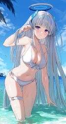 Rule 34 | 1girl, absurdly long hair, absurdres, arm up, bikini, blue archive, blue sky, breasts, cleavage, cloud, day, grey hair, halo, headgear, highres, kuuhaku (wutt5584), large breasts, leaning forward, long hair, looking at viewer, navel, noa (blue archive), ocean, outdoors, purple eyes, sky, solo, stomach, swimsuit, thigh strap, very long hair, wading, water, wet, wet hair, white bikini