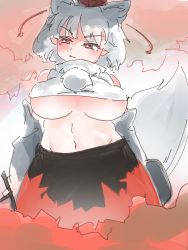 Rule 34 | adapted costume, animal ears, breasts, commentary request, detached sleeves, hat, inubashiri momiji, navel, pom pom (clothes), qralto, red eyes, ribbon-trimmed sleeves, ribbon trim, tail, tokin hat, touhou, underboob, white hair, wide sleeves, wolf ears, wolf tail