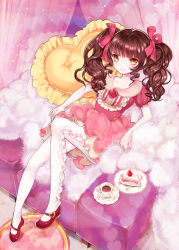 Rule 34 | 1girl, bad id, bad pixiv id, brown hair, cake, coffee, collarbone, cup, flower, food, frilled pillow, frilled skirt, frills, hair ribbon, heart, heart-shaped pillow, joypyonn, looking at viewer, mary janes, mole, mole under mouth, original, pantyhose, pillow, ribbon, rose, shoes, short hair, sitting, skirt, smile, twintails, wavy hair, white pantyhose, yellow eyes