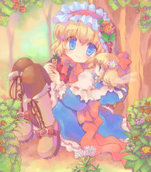 Rule 34 | 1girl, alice margatroid, ascot, bad id, bad pixiv id, berry, blonde hair, blue dress, blue eyes, blush, boots, brown footwear, brown legwear, capelet, closed mouth, commentary request, cross-laced footwear, dress, flower, frilled ascot, frills, full body, hair between eyes, hairband, hizukiryou, lolita hairband, looking at viewer, orange flower, pink flower, red ascot, red hairband, ribbon-trimmed capelet, shanghai doll, short hair, sitting, smile, solo, touhou, tree, yellow flower
