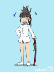 Rule 34 | 1girl, cat, character name, crossover, english, eyepatch, hand on own hip, laughing, military, military uniform, name connection, nichijou, nose bubble, oniyan, pixiv thumbnail, ponytail, resized, sakamoto (nichijou), sakamoto mio, scarf, simple background, sleeping, standing, strike witches, sword, uniform, weapon, world witches series