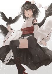 Rule 34 | absurdres, bird, bird wings, black hair, black kimono, black thighhighs, black wings, breasts, brown hair, commentary request, crow, detached sleeves, feathered wings, feet out of frame, geta, hat, highres, japanese clothes, kimono, kourindou tengu costume, long sleeves, pom pom (clothes), red footwear, red hat, red sash, sash, shameimaru aya, short hair, simple background, small breasts, tengu-geta, thighhighs, thighs, thkani, tokin hat, touhou, white background, white kimono, white sleeves, wide sleeves, wings
