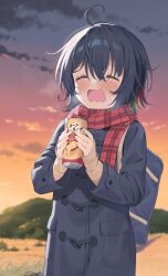 Rule 34 | 1girl, ahoge, bag, black coat, black hair, blush, brown sweater, can, closed eyes, cloud, coat, commentary request, facing viewer, hair between eyes, highres, holding, holding can, long sleeves, mountain, nirareba, open mouth, original, outdoors, plaid, plaid scarf, red scarf, scarf, school bag, sleeves past wrists, solo, sunset, sweater, wavy mouth