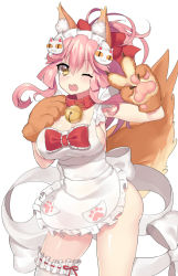 Rule 34 | &gt;;d, 1girl, ;d, animal ears, animal hands, apron, arm up, bell, blush, bow, breasts, bridal garter, brown eyes, brown gloves, cat hair ornament, claws, cleavage, collar, collarbone, contrapposto, cowboy shot, fang, fate/grand order, fate (series), fox ears, fox tail, frilled bow, frills, gloves, hair bow, hair ornament, hand gesture, hand on own shoulder, jingle bell, large breasts, long hair, looking at viewer, naked apron, one eye closed, open mouth, paw gloves, paw print, pink hair, pocket, ponytail, red bow, red ribbon, ribbon, ribbon trim, roro (shisi4656), sidelocks, simple background, single thighhigh, smile, solo, standing, tail, tamamo (fate), tamamo cat (fate), tamamo cat (third ascension) (fate), tamamo no mae (fate/extra), thighhighs, thighs, tsurime, v, v-shaped eyebrows, white apron, white background, white thighhighs