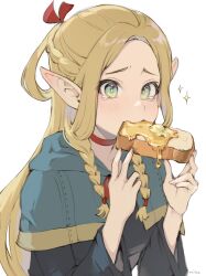 Rule 34 | 1girl, biting, blonde hair, blue capelet, blush, braid, bread, bread slice, butter, capelet, choker, commentary, dungeon meshi, eating, elf, english commentary, food, french braid, green eyes, hair around ear, hair ribbon, hands up, highres, holding, holding food, honey, hood, hood down, hooded capelet, long hair, long sleeves, looking ahead, marcille donato, milka (milk4ppl), multiple braids, parted bangs, pointy ears, red ribbon, ribbon, side braid, simple background, solo, sparkle, tearing up, white background