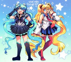 Rule 34 | 2girls, alternate hairstyle, bishoujo senshi sailor moon, black gloves, black skirt, blonde hair, blue eyes, blue hair, blue skirt, boots, character name, commentary, cosplay, costume switch, crossover, detached sleeves, elbow gloves, english commentary, gloves, hair between eyes, hairstyle switch, hatsune miku, hatsune miku (cosplay), knee boots, magical girl, multiple girls, one eye closed, onsta, open mouth, parted bangs, sailor collar, sailor moon, sailor senshi uniform, skirt, sleeves past wrists, thigh boots, thighhighs, trait connection, tsukino usagi, twintails, unofficial sailor senshi uniform, v, vocaloid
