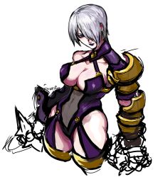 Rule 34 | 1girl, breasts, cleavage, hair over one eye, isabella valentine, large breasts, lipstick, makeup, navel, purple lips, revealing clothes, see-through, single gauntlet, solo, soul calibur, soulcalibur ii, thick thighs, thighs, whip sword, white hair, yuriyuri (ccc)