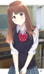 Rule 34 | 1girl, 7 calpis 7, blue skirt, blurry, blurry background, blush, bow, brown hair, cardigan vest, closed mouth, collared shirt, commentary request, depth of field, desk, diagonal stripes, dress shirt, head tilt, highres, long hair, original, plaid, plaid skirt, pleated skirt, red bow, red eyes, school desk, school uniform, shirt, short sleeves, signature, skirt, solo, striped, striped bow, white shirt