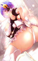 Rule 34 | 1girl, artist request, ass, ayamune eri, back bow, backless outfit, blush, bow, breasts, cup, detached sleeves, dress, frills, from behind, gloves, hair ornament, huge breasts, looking at viewer, looking back, maid, maid headdress, panties, panty pull, purple hair, red eyes, short hair, sleeveless, sleeveless dress, solo, teacup, thighhighs, underwear, virtual youtuber, white gloves, white panties
