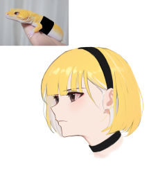 Rule 34 | 1girl, absurdres, black choker, black hairband, blonde hair, bloodshot eyes, blunt bangs, blush, choker, closed mouth, eyelashes, from side, gecko, hairband, highres, holding, jason kim, looking ahead, looking away, multicolored hair, original, personification, photo-referenced, photo (medium), portrait, real life, short hair, simple background, solo focus, white background, white hair