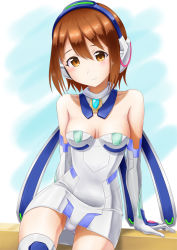 Rule 34 | 1girl, arm support, bare shoulders, breasts, brown eyes, brown hair, cleavage, detached collar, dress, elbow gloves, gloves, headphones, looking at viewer, panties, pantyshot, sajima yumi, school girl strikers, short hair, sitting, small breasts, smile, solo, strapless, strapless dress, sunsun69, thighhighs, underwear, white panties