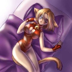Rule 34 | animal ears, bell, blonde hair, blue eyes, blush, breasts, brown hair, cat ears, cat tail, center opening, cloud, collar, fingerless gloves, gloves, leotard, lowres, one-piece swimsuit, short hair, swimsuit, tail, tongue, wink
