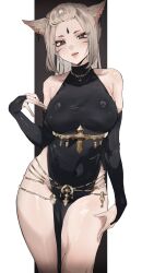 Rule 34 | 1girl, absurdres, animal ears, bare shoulders, belt, black dress, black eyes, black gloves, blonde hair, blush, breasts, covered navel, dress, elbow gloves, eyeliner, facial mark, final fantasy, final fantasy xiv, forehead, forehead mark, funyo (masa), gloves, highres, jewelry, large breasts, long hair, looking at viewer, makeup, medium breasts, miqo&#039;te, mole, mole under eye, necklace, smile, solo, warrior of light (ff14)