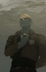 Rule 34 | 1boy, blonde hair, clenched hand, cropped jacket, dquwtzattt33213, from below, frown, hand on own chest, highres, male focus, paradis military uniform, reiner braun, salute, serious, shingeki no kyojin, short hair, solo, upper body