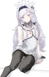 Rule 34 | 1girl, absurdres, barefoot, black gloves, black pantyhose, blue archive, blush, closed mouth, cropped jacket, flower, gloves, grey hair, grey shirt, hair flower, hair ornament, hair tubes, hairband, halo, highres, himari (blue archive), long hair, long sleeves, looking at viewer, mole, mole under eye, moruhinesan, pantyhose, pointy ears, purple eyes, shirt, sidelocks, simple background, sitting, smile, solo, turtleneck, white background