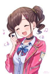Rule 34 | blush, bow, bowtie, breasts, brown hair, choker, closed eyes, collarbone, curly hair, hair ornament, hairclip, highres, idolmaster, idolmaster shiny colors, index finger raised, jacket, long sleeves, medium breasts, medium hair, musical note, pink jacket, playing with own hair, safety pin, shirt, smile, solo, sonoda chiyoko, soramame tomu, twintails, twitter username, upper body, white background, white shirt, zipper