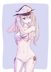 Rule 34 | 10s, 1girl, bare shoulders, bikini, blue eyes, breasts, cleavage, collarbone, cosplay, covered erect nipples, cowboy shot, dressing, dying0414, graf zeppelin (kancolle), grey background, hair between eyes, hair tie, hat, kantai collection, long hair, looking at viewer, medium breasts, mouth hold, outside border, peaked cap, purple background, ribbon, sailor bikini, sailor collar, side-tie bikini bottom, simple background, solo, standing, swimsuit, thighs, tsurime, twintails, underboob, white bikini, white ribbon, z3 max schultz (kancolle), z3 max schultz (kancolle) (cosplay)