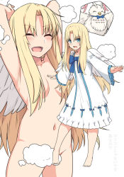 Rule 34 | 1girl, animal, bird, blonde hair, blue bow, blue eyes, blue neckwear, blush, bow, breasts, breasts apart, censored, collarbone, commentary request, completely nude, dress, feathered wings, filo (tate no yuusha no nariagari), long hair, long sleeves, multiple views, nude, open mouth, shiseki hirame, simple background, small breasts, smoke, tate no yuusha no nariagari, white background, white bird, white dress, white wings, wide sleeves, wings
