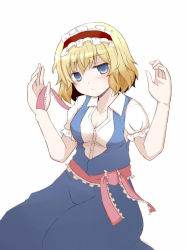Rule 34 | 1girl, alice margatroid, blonde hair, blue eyes, bow, breasts, capelet, cleavage, dress, female focus, hair bow, hairband, ico (engawa roman), ribbon, short hair, solo, touhou, undressing