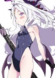 Rule 34 | 1girl, black gloves, black leotard, black ribbon, blue archive, breasts, closed mouth, detached collar, gloves, gun, hair ribbon, highres, hina (blue archive), horns, leotard, long hair, looking at viewer, low wings, purple wings, ribbon, ribs, shichimi yutsuki, simple background, small breasts, solo, sweat, very long hair, weapon, white background, white hair, wings