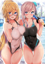 Rule 34 | 2girls, ahoge, asymmetrical hair, backlighting, bare shoulders, black one-piece swimsuit, blonde hair, blue eyes, blue one-piece swimsuit, blush, breasts, bun cover, closed mouth, collarbone, competition swimsuit, covered navel, cowboy shot, day, fate/grand order, fate (series), glasses, hair between eyes, hair bun, halterneck, highleg, highleg swimsuit, highres, indoors, jeanne d&#039;arc (fate), jeanne d&#039;arc (ruler) (fate), jeanne d&#039;arc (swimsuit archer) (fate), jeanne d&#039;arc (swimsuit archer) (second ascension) (fate), kawai (purplrpouni), large breasts, legs together, long hair, looking at viewer, miyamoto musashi (fate), miyamoto musashi (fate/grand order), miyamoto musashi (swimsuit berserker) (fate), miyamoto musashi (swimsuit berserker) (first ascension) (fate), multiple girls, one-piece swimsuit, open mouth, pink hair, ponytail, pool, side-by-side, single side bun, skin tight, smile, standing, standing on one leg, swept bangs, swimsuit, thighs, toy sword, two-tone swimsuit, very long hair, water, white one-piece swimsuit