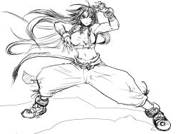 Rule 34 | 1girl, braid, breasts, female focus, fighting stance, full body, greyscale, highres, hong meiling, ledjoker07, long hair, monochrome, pants, sketch, solo, touhou, twin braids, white background