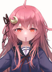 Rule 34 | 1girl, ahoge, blue serafuku, blush, crescent, crescent hair ornament, food, hair ornament, highres, kantai collection, logiclr, long hair, long sleeves, looking at viewer, mouth hold, pink hair, pocky, pocky day, pocky kiss, red eyes, school uniform, serafuku, shared food, simple background, solo, upper body, uzuki (kancolle), white background