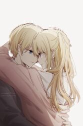 Rule 34 | 1boy, 1girl, blonde hair, blue eyes, brother and sister, cardigan, closed mouth, collared shirt, commentary, couple, eye contact, grey sweater, hair between eyes, hetero, highres, hoshino aquamarine, hoshino ruby, hug, incest, long hair, long sleeves, looking at another, one side up, oshi no ko, pink cardigan, pink eyes, rncchds, shirt, short hair, siblings, sidelocks, simple background, smile, star-shaped pupils, star (symbol), sweater, symbol-shaped pupils, twincest, twins, twitter username, upper body, white background, white shirt
