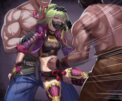 Rule 34 | 1girl, 2boys, black gloves, black shirt, black shorts, breasts, chinese commentary, commentary request, crop top, fingerless gloves, genshin impact, gloves, green hair, head out of frame, highres, jacket, kuki shinobu, mask, medium breasts, midriff, mouth mask, multiple boys, muscular, nail polish, one eye closed, open clothes, open jacket, ponytail, punching, purple eyes, purple jacket, purple nails, restrained, ryona, shirt, short hair, short shorts, short sleeves, shorts, stomach, stomach punch, thighhighs, topless male, v-shaped eyebrows, yan (situyan0303)