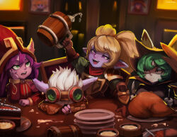 Rule 34 | 4girls, absurdres, beer mug, blush, cake, colored skin, cranihum, cup, drunk, ears through headwear, food, gloves, goggles, goggles on head, green hair, hat, highres, hood, hood up, league of legends, long sleeves, lulu (league of legends), mug, multiple girls, picture frame, pink eyes, plate, pointy ears, poppy (league of legends), purple hair, purple skin, restaurant, short hair, shortstack, tristana, vex (league of legends), witch hat, yordle