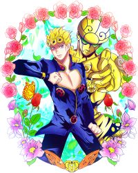 Rule 34 | 1boy, blonde hair, blue eyes, bug, butterfly, chouhana, clothes pull, earrings, flower, foreshortening, giorno giovanna, giorno giovanna&#039;s pose (jojo), gold experience, highres, insect, jewelry, jojo no kimyou na bouken, jojo pose, ladybug, pointing, pointing at viewer, rose, stand (jojo), vento aureo