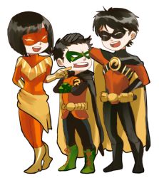 Rule 34 | 1girl, 2boys, batman (series), belt, black hair, boots, brothers, cape, cross-laced footwear, damian wayne, dc comics, family, gloves, green footwear, hand on head, imo (ume syrop), katana (dc), lace-up boots, mask, multiple boys, red robin, robin (dc), shoes, siblings, smile, standing, tim drake, yellow footwear