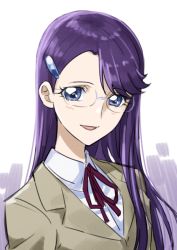 Rule 34 | 1girl, :d, blue eyes, brown jacket, collared shirt, dress shirt, glasses, hair ornament, hairclip, heartcatch precure!, jacket, long hair, looking at viewer, neck ribbon, open mouth, portrait, precure, purple hair, red ribbon, ribbon, rimless eyewear, school uniform, shirt, simple background, smile, solo, tsukikage oyama, tsukikage yuri, very long hair, white background, white shirt, wing collar