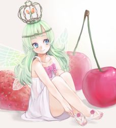 Rule 34 | 1girl, bad id, bad pixiv id, barefoot sandals (jewelry), blue eyes, cherry, crown, dress, fairy, fairy wings, food, fruit, green hair, in food, long hair, mamepon, mini person, minigirl, nail polish, original, pink nails, sandals, simple background, sitting, solo, strawberry, toes, white background, wings