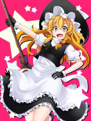 Rule 34 | 1girl, :d, apron, bamboo broom, black gloves, blonde hair, braid, broom, fang, gloves, hat, highres, kirisame marisa, long hair, looking at viewer, open mouth, pink background, puffy short sleeves, puffy sleeves, rihito (usazukin), shirt, short sleeves, single braid, skirt, skirt set, smile, solo, star-shaped pupils, star (symbol), symbol-shaped pupils, touhou, vest, waist apron, witch hat, yellow eyes