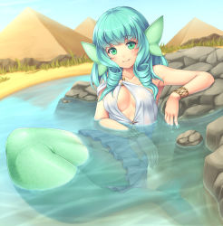 Rule 34 | 1girl, aqua hair, blush, bracelet, breasts, drill hair, fins, full body, green eyes, head fins, jewelry, long hair, looking at viewer, mermaid, monster girl, original, partially submerged, pyramid (structure), sasaame, smile, solo, twin drills, twintails, water