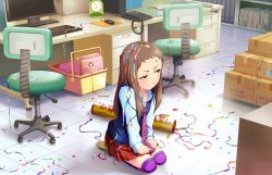 Rule 34 | 10s, 1girl, artist request, blue shirt, book, bookshelf, box, brown eyes, brown hair, cardboard box, chair, clock, collared shirt, confetti, corded phone, desk, dress shirt, frown, hands on lap, idolmaster, idolmaster cinderella girls, idolmaster cinderella girls starlight stage, indoors, keyboard (computer), koseki reina, long hair, long sleeves, looking away, miniskirt, monitor, mouse (computer), mousepad (object), necktie, office, office chair, official art, on floor, over-kneehighs, party popper, phone, plaid, plaid skirt, pleated skirt, purple eyes, purple necktie, purple thighhighs, red skirt, safety pin, seiza, shirt, shoes, sitting, skirt, sneakers, solo, streamers, striped clothes, striped necktie, striped neckwear, striped thighhighs, sweatdrop, sweater vest, swivel chair, thighhighs, tile floor, tiles