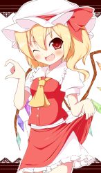 Rule 34 | 1girl, ascot, bad id, bad pixiv id, blonde hair, blouse, blush, clothes lift, embodiment of scarlet devil, fang, female focus, flandre scarlet, hat, hat ribbon, inanosuke, one eye closed, open mouth, red eyes, ribbon, shirt, side ponytail, skirt, skirt lift, solo, touhou, vest, wings, wink