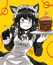 Rule 34 | 1girl, animal ears, apron, artist name, black hair, burger, cat ears, chainsaw man, cross scar, facial scar, fake animal ears, fang, food, frilled apron, frills, gun, handgun, highres, holding, holding plate, japanese flag, long hair, looking at viewer, maid, maid apron, maid headdress, osulan, plate, pointing gun, ringed eyes, scar, scar on cheek, scar on face, simple background, solo, weapon, yellow background, yellow eyes, yoru (chainsaw man)