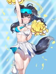 Rule 34 | 1girl, absurdres, animal ears, arm up, armpits, black hair, blue archive, blue sky, blunt bangs, blurry, breasts, character name, cheerleader, cleavage, cloud, cloudy sky, commentary request, confetti, criss-cross halter, depth of field, detached collar, dog ears, dog girl, dog tail, droopy ears, grey eyes, halo, halterneck, hibiki (blue archive), hibiki (cheer squad) (blue archive), highres, holding, holding pom poms, long hair, looking at viewer, medium breasts, millennium cheerleader outfit (blue archive), navel, official alternate costume, official alternate hairstyle, outdoors, pom pom (cheerleading), pom poms, pongpong0920, ponytail, shoes, sidelocks, simple background, sky, sneakers, solo, standing, standing on one leg, stomach, tail