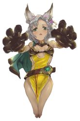Rule 34 | 10s, 1girl, animal ears, animal hands, belt, breasts, cat ears, cat paws, cleavage, dark-skinned female, dark skin, dress, erune, flower, gloves, granblue fantasy, green eyes, grey hair, hair flower, hair ornament, highres, looking at viewer, melleau, open mouth, outstretched arms, paw gloves, purupuru, short dress, short hair, side slit, simple background, small breasts, solo, white background