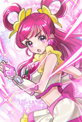 Rule 34 | 1girl, :o, absurdres, back bow, bow, brooch, butterfly brooch, crop top, cure dream, earrings, hair rings, highres, jewelry, long hair, looking at viewer, magical girl, onene, open mouth, pink background, pink bow, pink eyes, pink hair, precure, serious, skirt, solo, sparkle, upper body, white skirt, yes! precure 5, yumehara nozomi