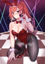 Rule 34 | 1girl, 777nasu, absurdres, animal ears, arisugawa natsuha, bare shoulders, blush, bow, bowtie, breasts, checkered floor, cleavage, closed mouth, collarbone, condom, covered navel, detached collar, egg vibrator, fake animal ears, fishnet pantyhose, fishnets, full body, grey eyes, hand on floor, high heels, highres, holding, holding condom, idolmaster, idolmaster shiny colors, leaning forward, leotard, lips, long hair, looking at viewer, medium breasts, nail polish, on one knee, orange hair, pantyhose, playboy bunny, ponytail, pussy juice, rabbit ears, red bow, red bowtie, red footwear, red leotard, red nails, sex toy, solo, thighs, traditional bowtie, vibrator, white wrist cuffs, wrist cuffs
