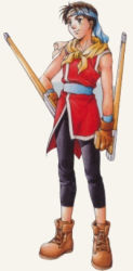 Rule 34 | 1boy, brown eyes, brown hair, full body, gensou suikoden, gensou suikoden ii, gloves, headband, lowres, male focus, riou (suikoden), robe, smile, solo, tonfa, weapon, white background